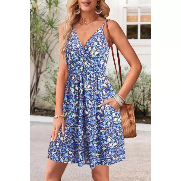 STYLEWORD Womens 2024 V Neck FloralSolid Spaghetti Strap Summer Casual Swing Sundress with PocketAfloral45412