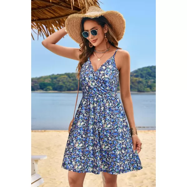 STYLEWORD Womens 2024 V Neck FloralSolid Spaghetti Strap Summer Casual Swing Sundress with PocketAfloral45412