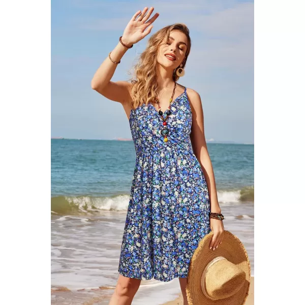 STYLEWORD Womens 2024 V Neck FloralSolid Spaghetti Strap Summer Casual Swing Sundress with PocketAfloral45412