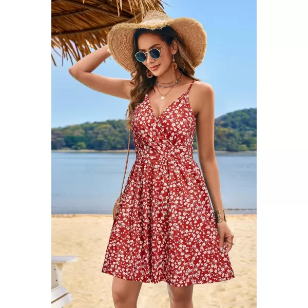 STYLEWORD Womens 2024 V Neck FloralSolid Spaghetti Strap Summer Casual Swing Sundress with PocketAfloral46412