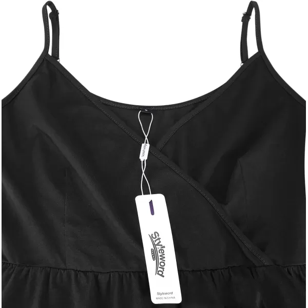 STYLEWORD Womens 2024 V Neck FloralSolid Spaghetti Strap Summer Casual Swing Sundress with PocketB1black429