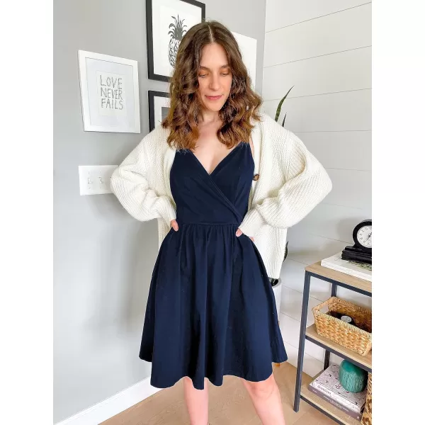 STYLEWORD Womens 2024 V Neck FloralSolid Spaghetti Strap Summer Casual Swing Sundress with PocketB2navy429