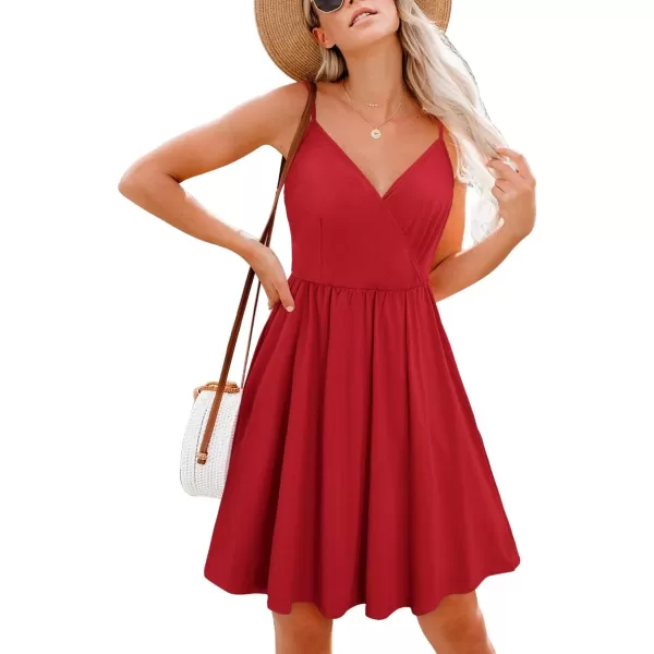 STYLEWORD Womens 2024 V Neck FloralSolid Spaghetti Strap Summer Casual Swing Sundress with PocketB3wine429