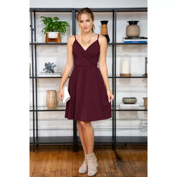 STYLEWORD Womens 2024 V Neck FloralSolid Spaghetti Strap Summer Casual Swing Sundress with PocketDark Red429