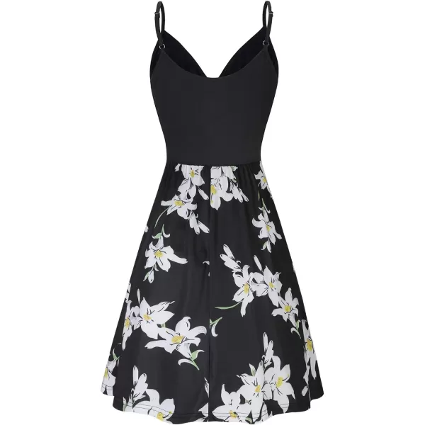 STYLEWORD Womens 2024 V Neck FloralSolid Spaghetti Strap Summer Casual Swing Sundress with PocketFloral01454