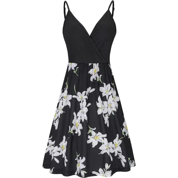 STYLEWORD Womens 2024 V Neck FloralSolid Spaghetti Strap Summer Casual Swing Sundress with PocketFloral01454