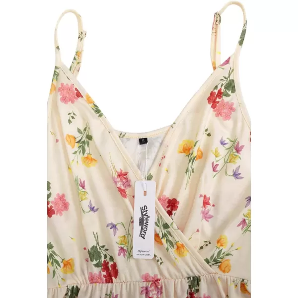 STYLEWORD Womens 2024 V Neck FloralSolid Spaghetti Strap Summer Casual Swing Sundress with PocketFloralz32412
