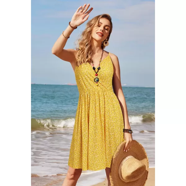 STYLEWORD Womens 2024 V Neck FloralSolid Spaghetti Strap Summer Casual Swing Sundress with PocketFloralz34412