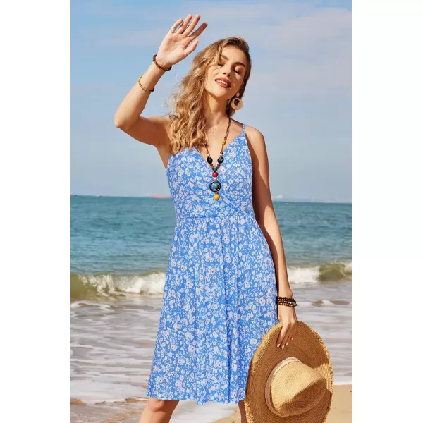 STYLEWORD Womens 2024 V Neck FloralSolid Spaghetti Strap Summer Casual Swing Sundress with PocketFloralz35412