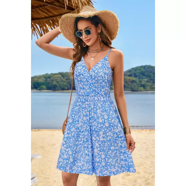 STYLEWORD Womens 2024 V Neck FloralSolid Spaghetti Strap Summer Casual Swing Sundress with PocketFloralz35412