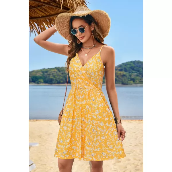 STYLEWORD Womens 2024 V Neck FloralSolid Spaghetti Strap Summer Casual Swing Sundress with PocketFloralz36412