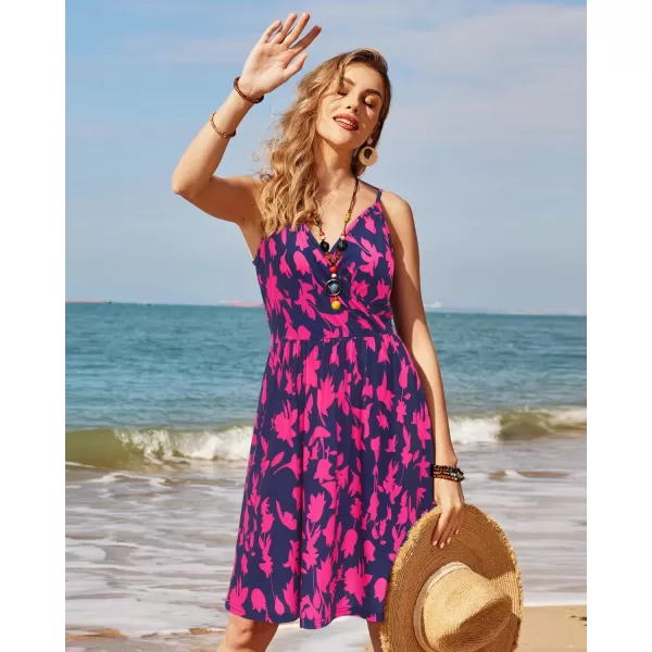 STYLEWORD Womens 2024 V Neck FloralSolid Spaghetti Strap Summer Casual Swing Sundress with PocketFloralz37412