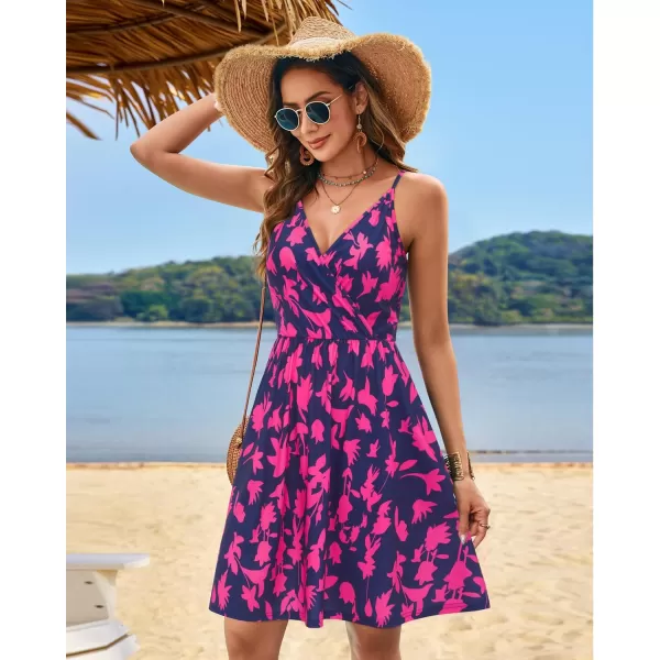 STYLEWORD Womens 2024 V Neck FloralSolid Spaghetti Strap Summer Casual Swing Sundress with PocketFloralz37412