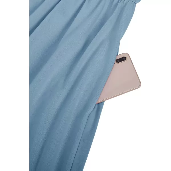 STYLEWORD Womens 2024 V Neck FloralSolid Spaghetti Strap Summer Casual Swing Sundress with PocketGrey Blue429