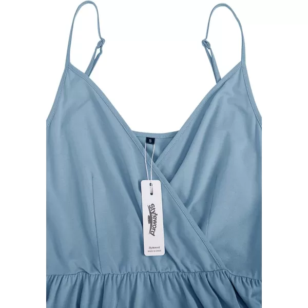STYLEWORD Womens 2024 V Neck FloralSolid Spaghetti Strap Summer Casual Swing Sundress with PocketGrey Blue429
