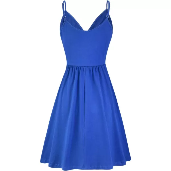 STYLEWORD Womens 2024 V Neck FloralSolid Spaghetti Strap Summer Casual Swing Sundress with PocketRoyal Blue429