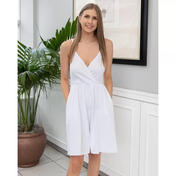 STYLEWORD Womens 2024 V Neck FloralSolid Spaghetti Strap Summer Casual Swing Sundress with PocketWhite429