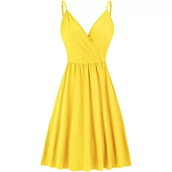 STYLEWORD Womens 2024 V Neck FloralSolid Spaghetti Strap Summer Casual Swing Sundress with PocketYellow429