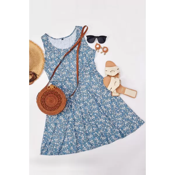 STYLEWORD Womens Summer Dress Casual Sleeveless Scoop Neck ALine Tank Midi SundressLight Blue White Floral
