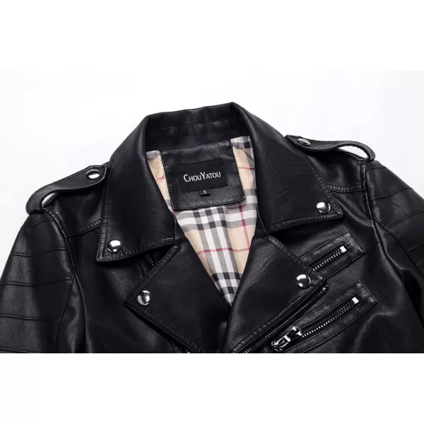 chouyatou Mens Vintage Asymmetric Zip Lightweight Faux Leather Biker JacketBlack