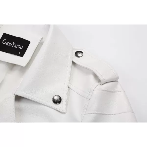 chouyatou Mens Vintage Asymmetric Zip Lightweight Faux Leather Biker JacketWhite