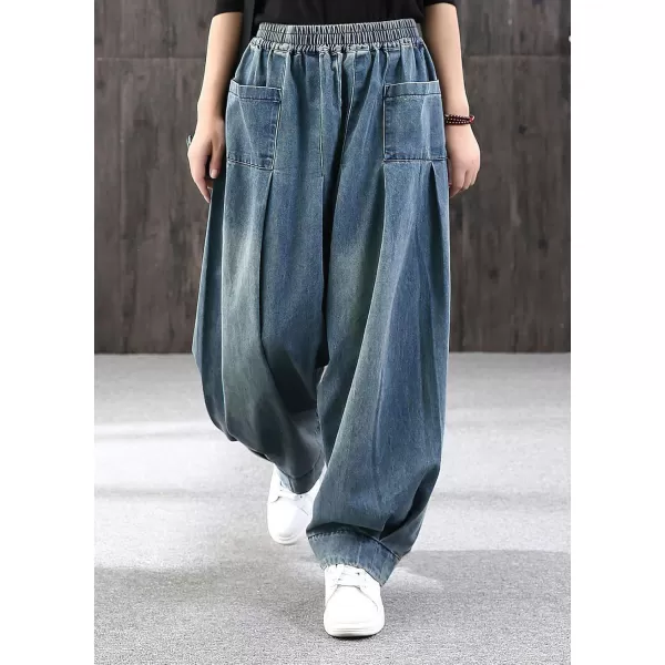 chouyatou Women Winter Fall Casual Wide Leg Denim Pants Baggy Culotte Jeans Elastic Waist Loose TrousersBlue