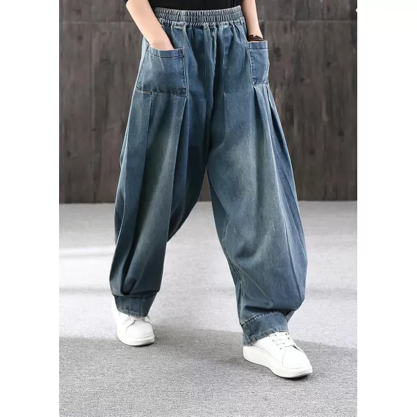 chouyatou Women Winter Fall Casual Wide Leg Denim Pants Baggy Culotte Jeans Elastic Waist Loose TrousersBlue