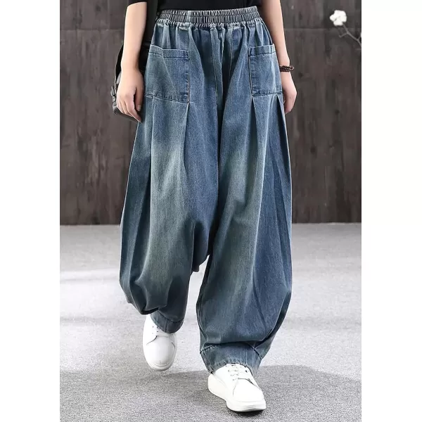chouyatou Women Winter Fall Casual Wide Leg Denim Pants Baggy Culotte Jeans Elastic Waist Loose TrousersBlue