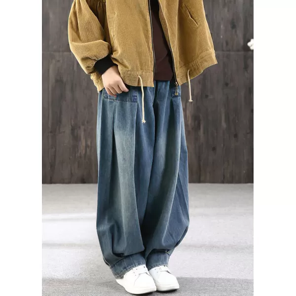 chouyatou Women Winter Fall Casual Wide Leg Denim Pants Baggy Culotte Jeans Elastic Waist Loose TrousersBlue