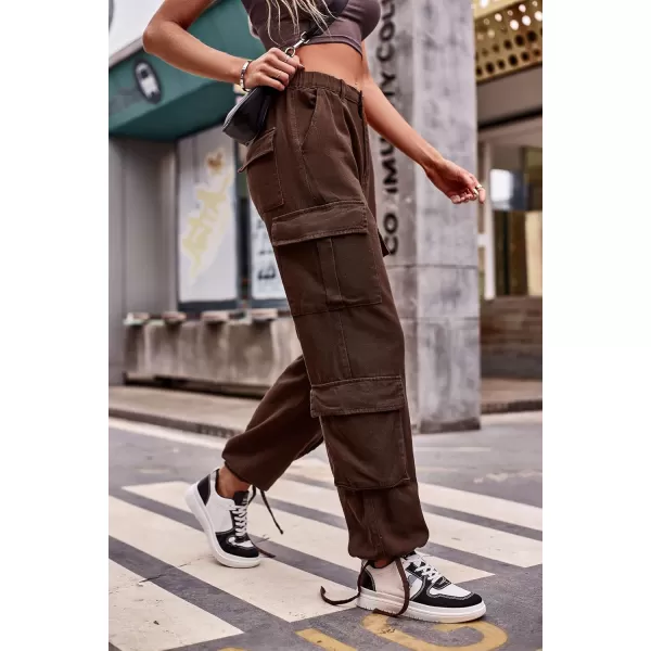 chouyatou Womens Baggy Cargo Pants Y2K Casual Cargo Jeans boyfriend High Waist Parachute PantsBrown