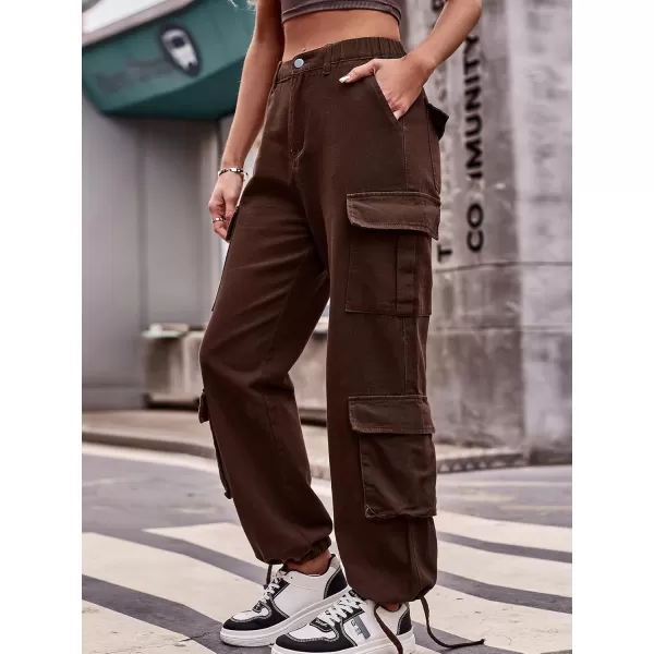chouyatou Womens Baggy Cargo Pants Y2K Casual Cargo Jeans boyfriend High Waist Parachute PantsBrown