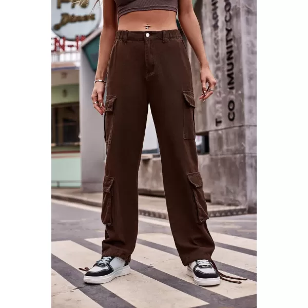 chouyatou Womens Baggy Cargo Pants Y2K Casual Cargo Jeans boyfriend High Waist Parachute PantsBrown