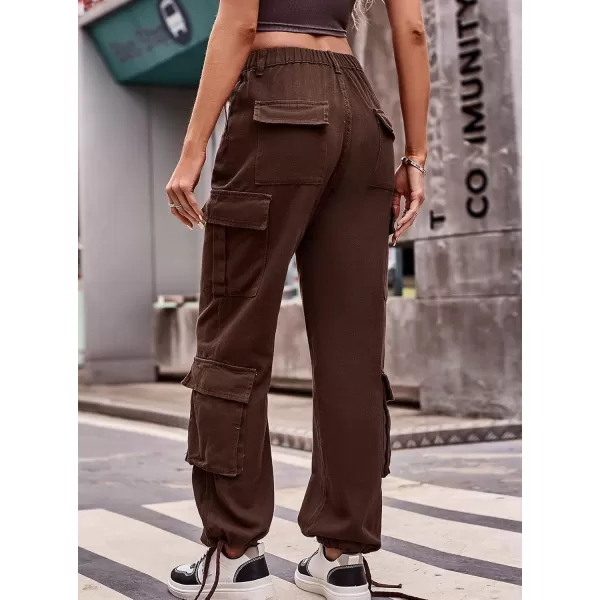 chouyatou Womens Baggy Cargo Pants Y2K Casual Cargo Jeans boyfriend High Waist Parachute PantsBrown