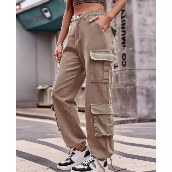 chouyatou Womens Baggy Cargo Pants Y2K Casual Cargo Jeans boyfriend High Waist Parachute PantsKhaki