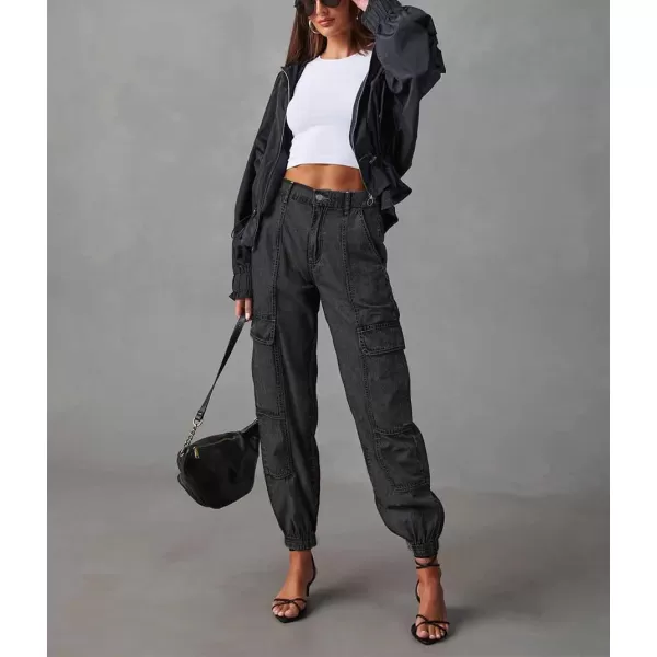 chouyatou Womens Baggy Y2K Denim Cargo Pants Elastic High Waisted Boyfriend Harem Jeans Pants TrousersBlack