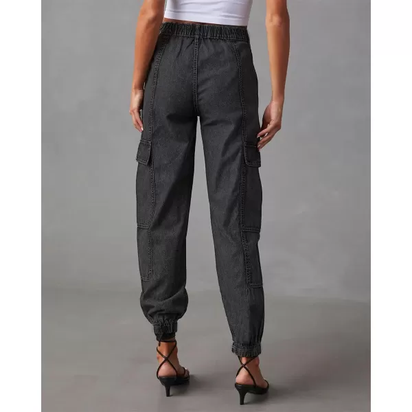 chouyatou Womens Baggy Y2K Denim Cargo Pants Elastic High Waisted Boyfriend Harem Jeans Pants TrousersBlack