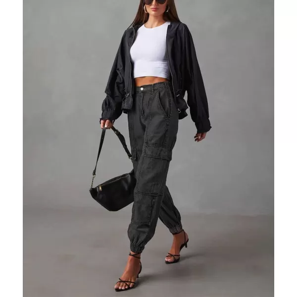 chouyatou Womens Baggy Y2K Denim Cargo Pants Elastic High Waisted Boyfriend Harem Jeans Pants TrousersBlack