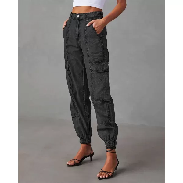 chouyatou Womens Baggy Y2K Denim Cargo Pants Elastic High Waisted Boyfriend Harem Jeans Pants TrousersBlack