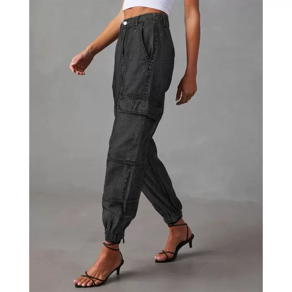 chouyatou Womens Baggy Y2K Denim Cargo Pants Elastic High Waisted Boyfriend Harem Jeans Pants TrousersBlack