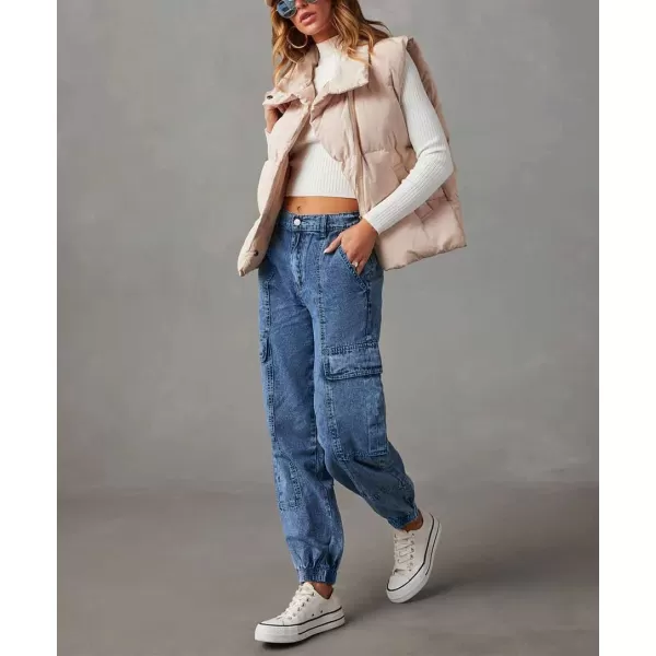 chouyatou Womens Baggy Y2K Denim Cargo Pants Elastic High Waisted Boyfriend Harem Jeans Pants TrousersBlue