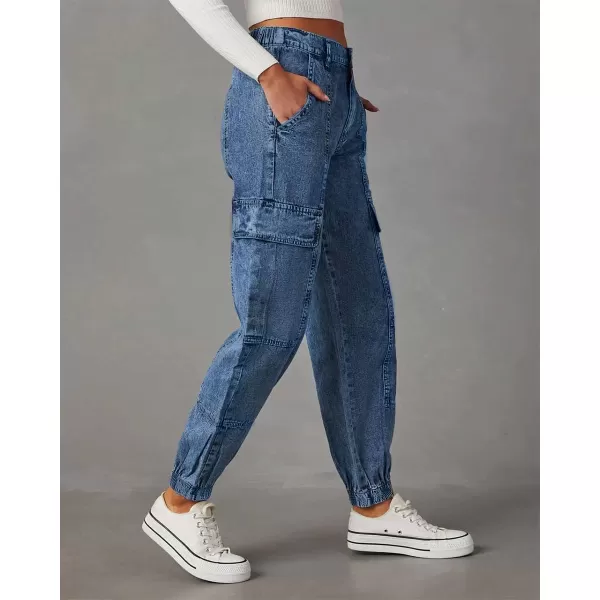chouyatou Womens Baggy Y2K Denim Cargo Pants Elastic High Waisted Boyfriend Harem Jeans Pants TrousersBlue