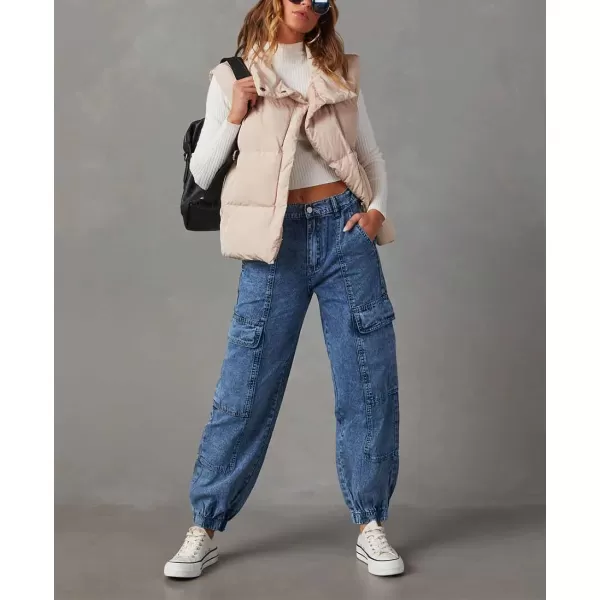 chouyatou Womens Baggy Y2K Denim Cargo Pants Elastic High Waisted Boyfriend Harem Jeans Pants TrousersBlue