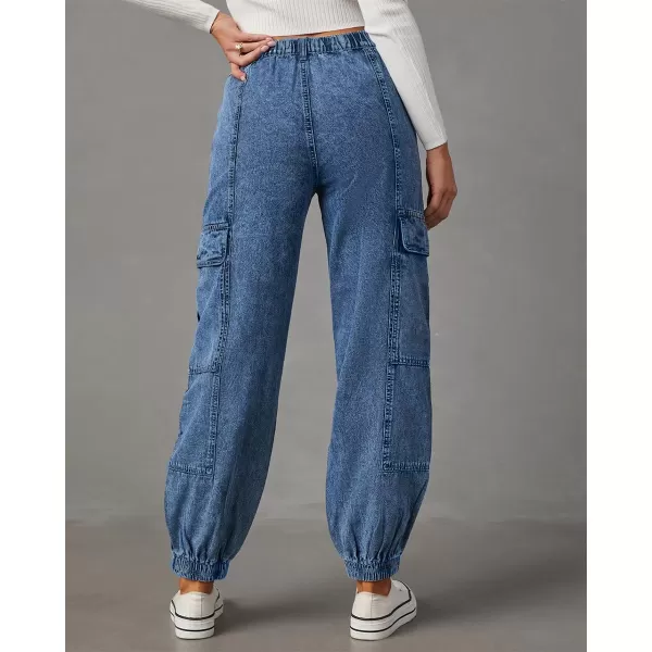 chouyatou Womens Baggy Y2K Denim Cargo Pants Elastic High Waisted Boyfriend Harem Jeans Pants TrousersBlue
