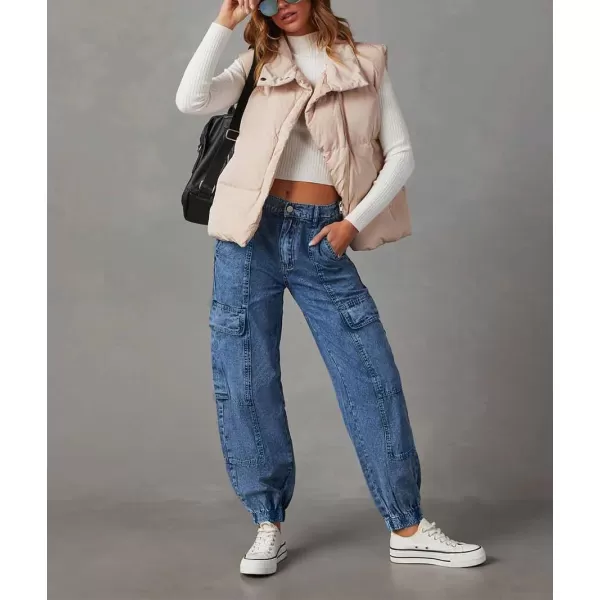 chouyatou Womens Baggy Y2K Denim Cargo Pants Elastic High Waisted Boyfriend Harem Jeans Pants TrousersBlue