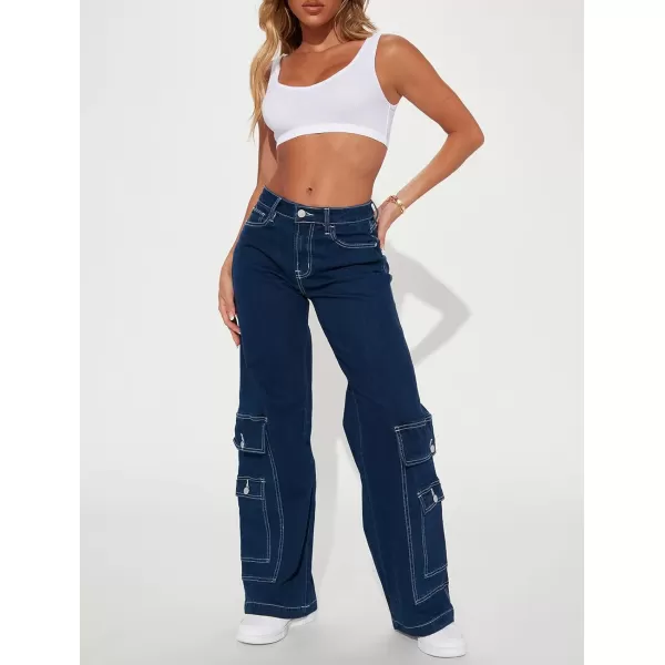 chouyatou Womens Baggy Y2K Wide Leg Denim Cargo Jeans Pants Trousers StreetwearBlue