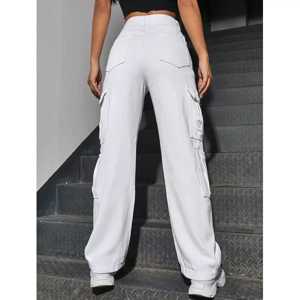 chouyatou Womens Boyfriend 8 Pocket Cargo Jeans Wide Leg Baggy Jeans Denim PantsWhite