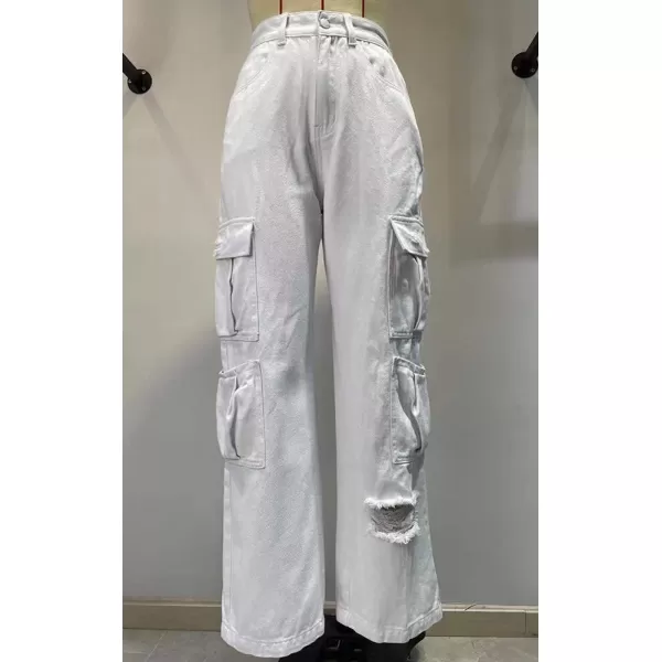 chouyatou Womens Boyfriend 8 Pocket Cargo Jeans Wide Leg Baggy Jeans Denim PantsWhite