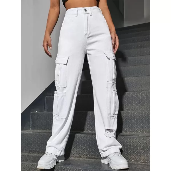 chouyatou Womens Boyfriend 8 Pocket Cargo Jeans Wide Leg Baggy Jeans Denim PantsWhite