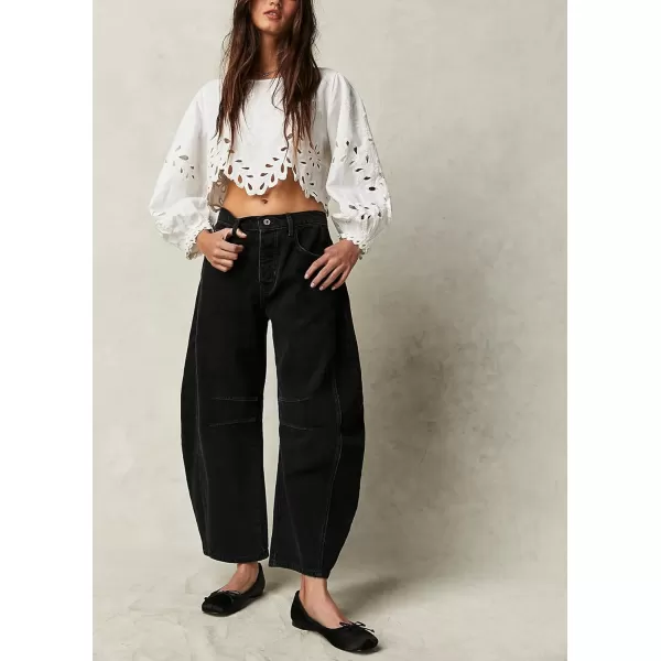 chouyatou Womens Boyfriend Wide Leg Denim Pants Y2K Baggy Mid Rise Casual Dressy Barrel Jeans with PocketsBlack