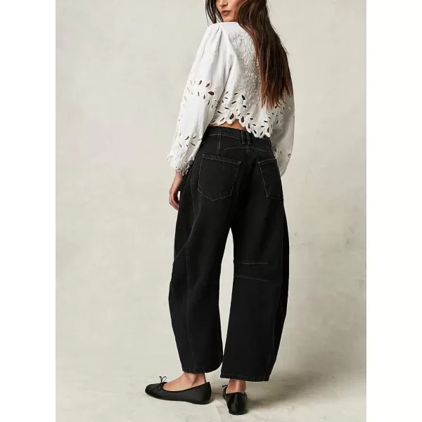 chouyatou Womens Boyfriend Wide Leg Denim Pants Y2K Baggy Mid Rise Casual Dressy Barrel Jeans with PocketsBlack